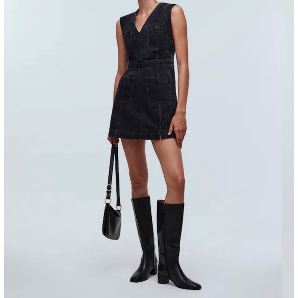 Madewell Black Denim Cap Sleeve Fitted Short Mini Dress Size 2 Rock Grunge